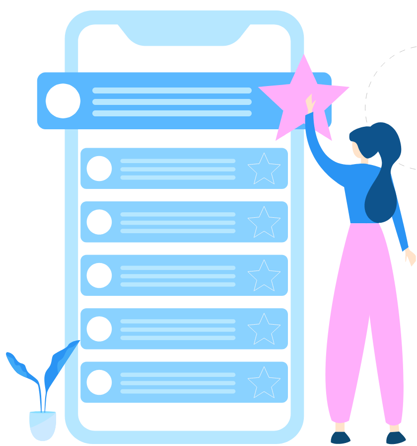 Ilustración de una persona colocando una estrella en la pantalla de un teléfono móvil, representando la interacción con tiendas online y la gestión de productos en e-commerce.